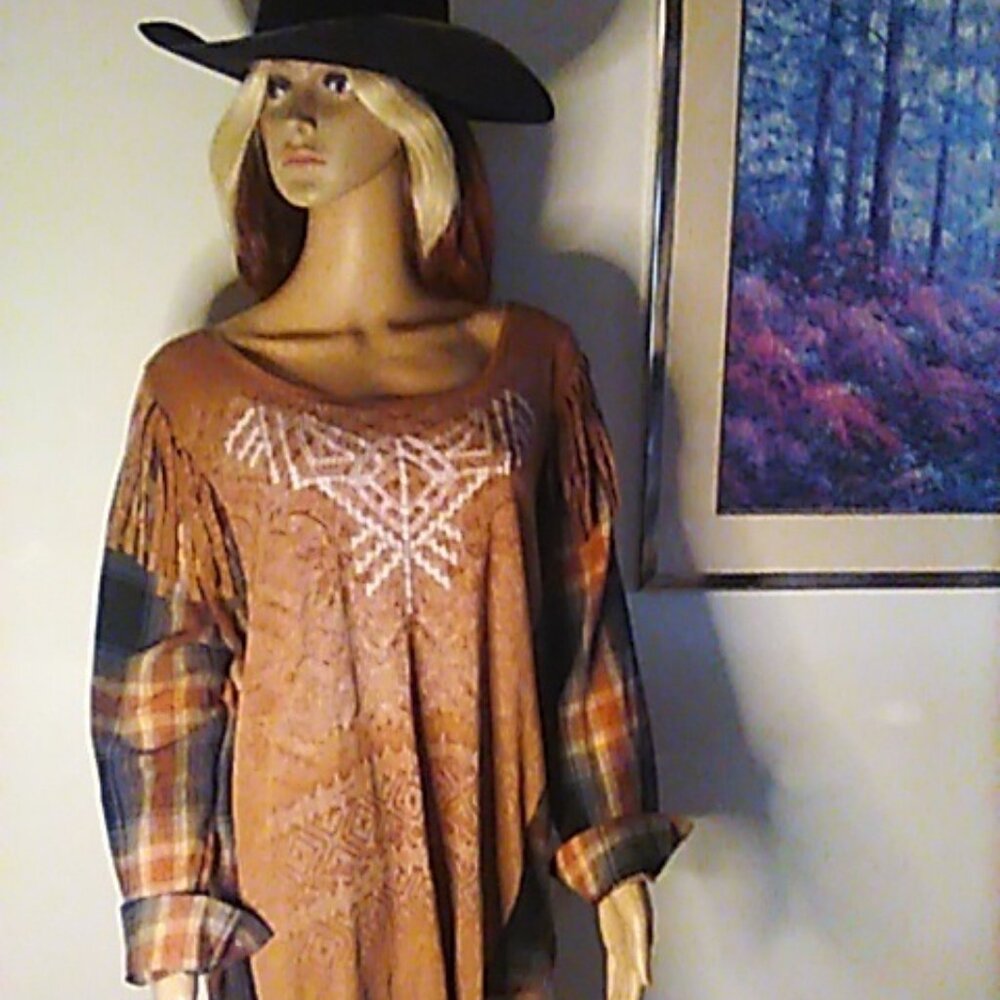 Western Upcycled Top Flannel Sleeves Fringe On Shoulders OS Boxy Pull Over Boho